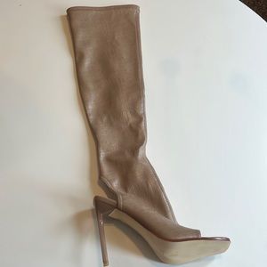nude croc knee high open toe boots